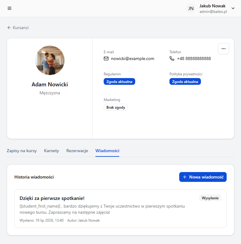 Historia wiadomości na profilu kursanta z personalizacją w Baileo